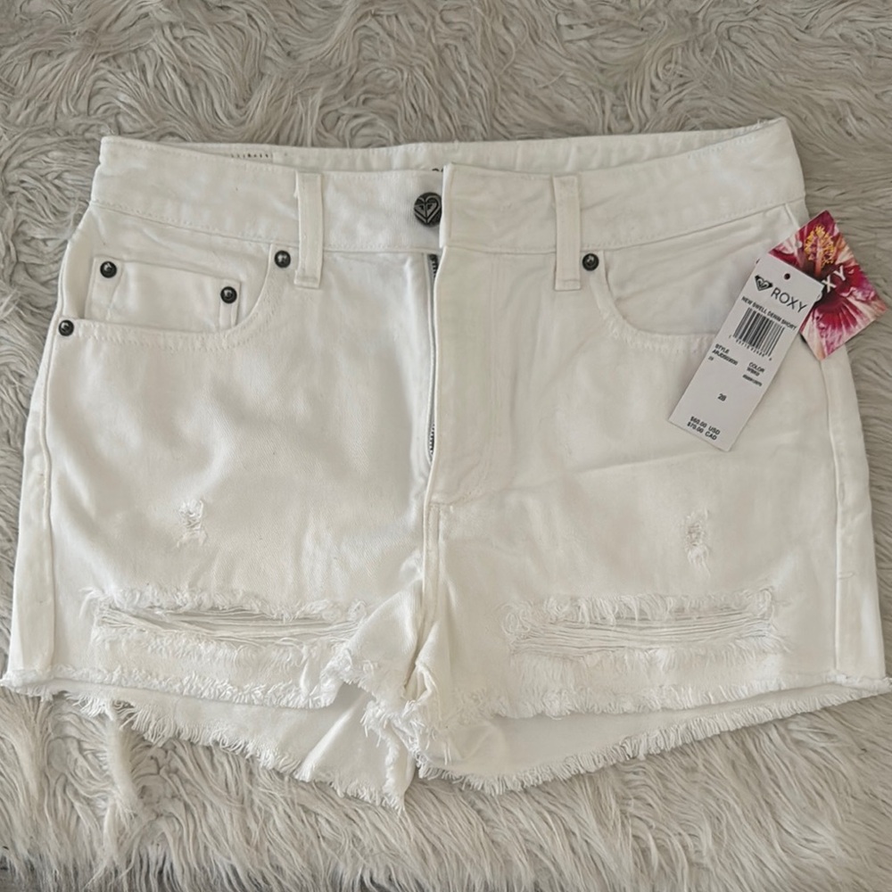 Roxy White Jean Shorts with Frayed Hem